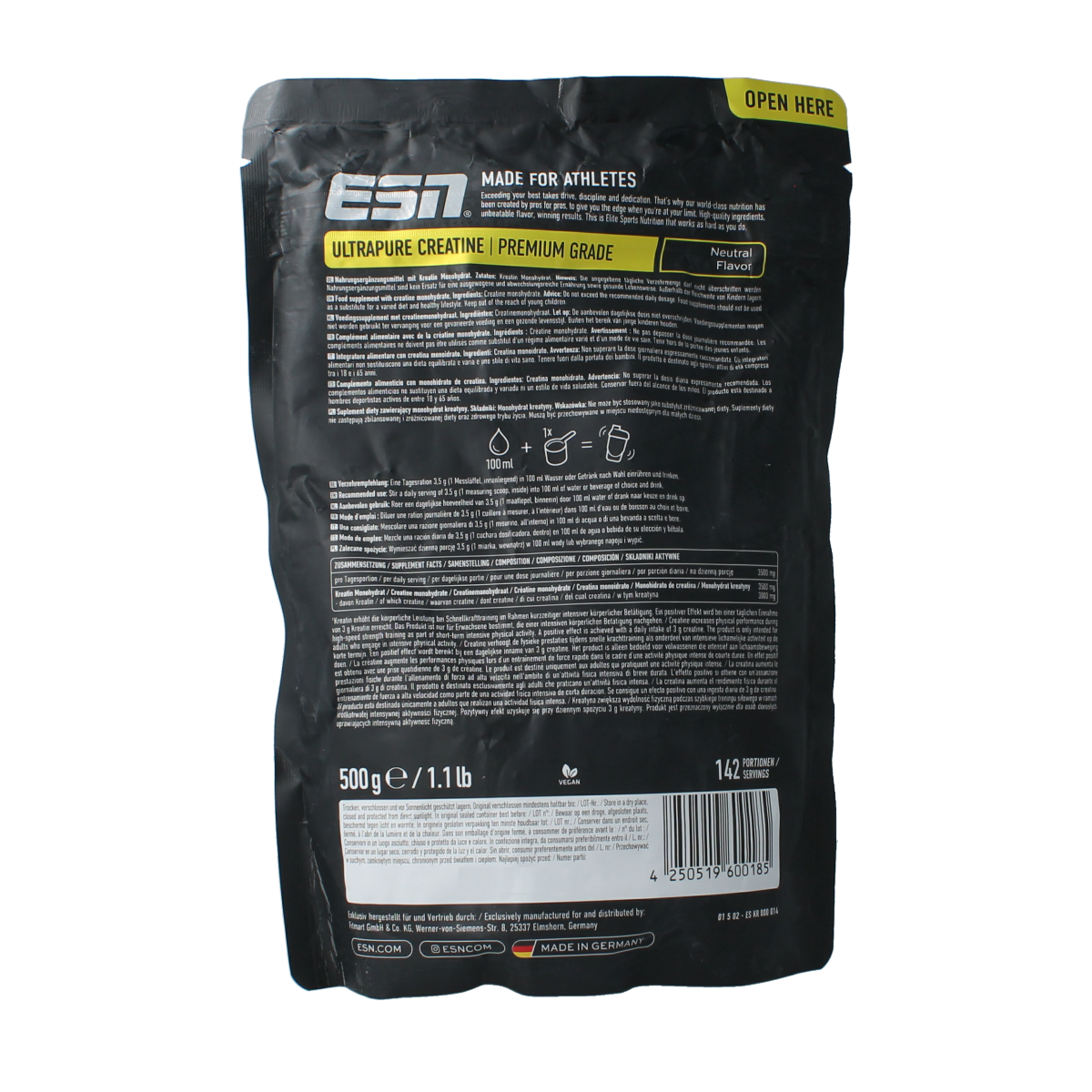 ESN Ultrapure creatine monohydrate powder, 500g, stored in a clear container, showing the supplement's fine white powder.
