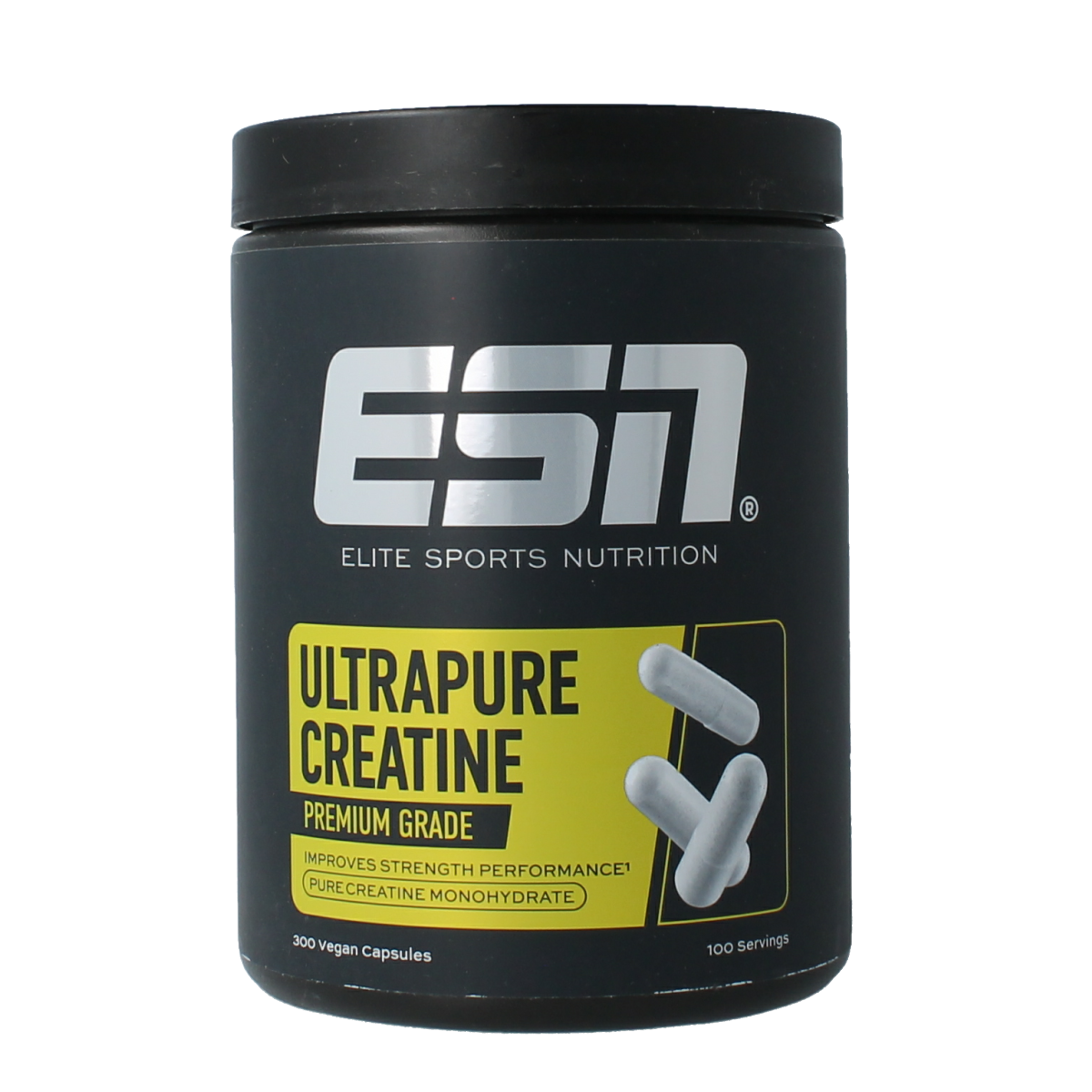 ESN Ultrapure Creatine Monohydrate capsules, dietary supplement for muscle support, in a bottle with 300 capsules.