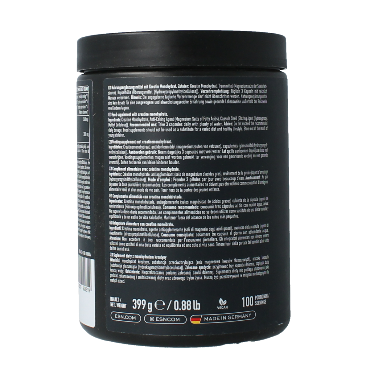 ESN Ultrapure creatine monohydrate capsules, dietary supplement for muscle support, in a clear bottle with capsules visible inside.