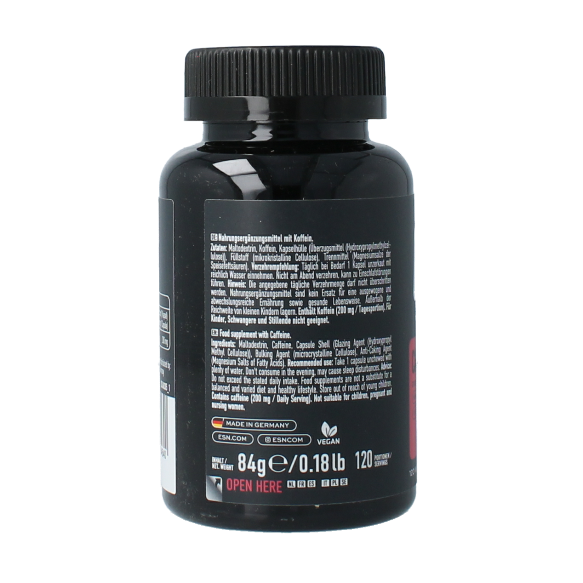 ESN Caffeine capsules, 120 softgel herbal supplement, close-up view of the ESN branded capsules in a container.