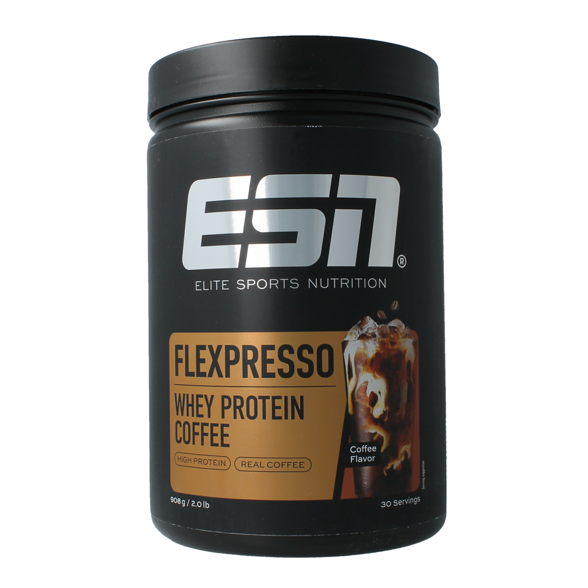 ESN Flexpresso protein coffee in coffee flavor, 908g jar, showing the product container with label and scoop.