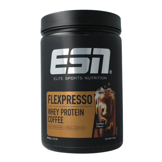 ESN Flexpresso protein coffee in coffee flavor, 908g, featuring a scoop and coffee beans on the packaging.