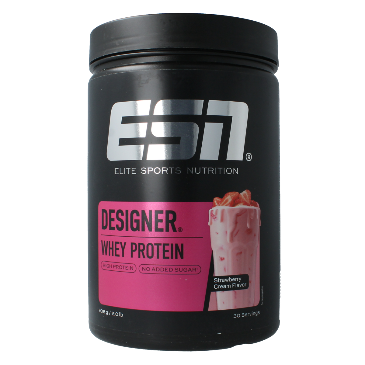 ESN Designer Whey Strawberry Cream protein powder container with label and scoop, 908g, amino acids supplement.