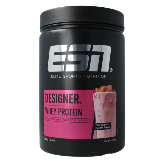 ESN Designer Whey Strawberry Cream protein powder container with label and scoop, 908g, amino acids supplement.