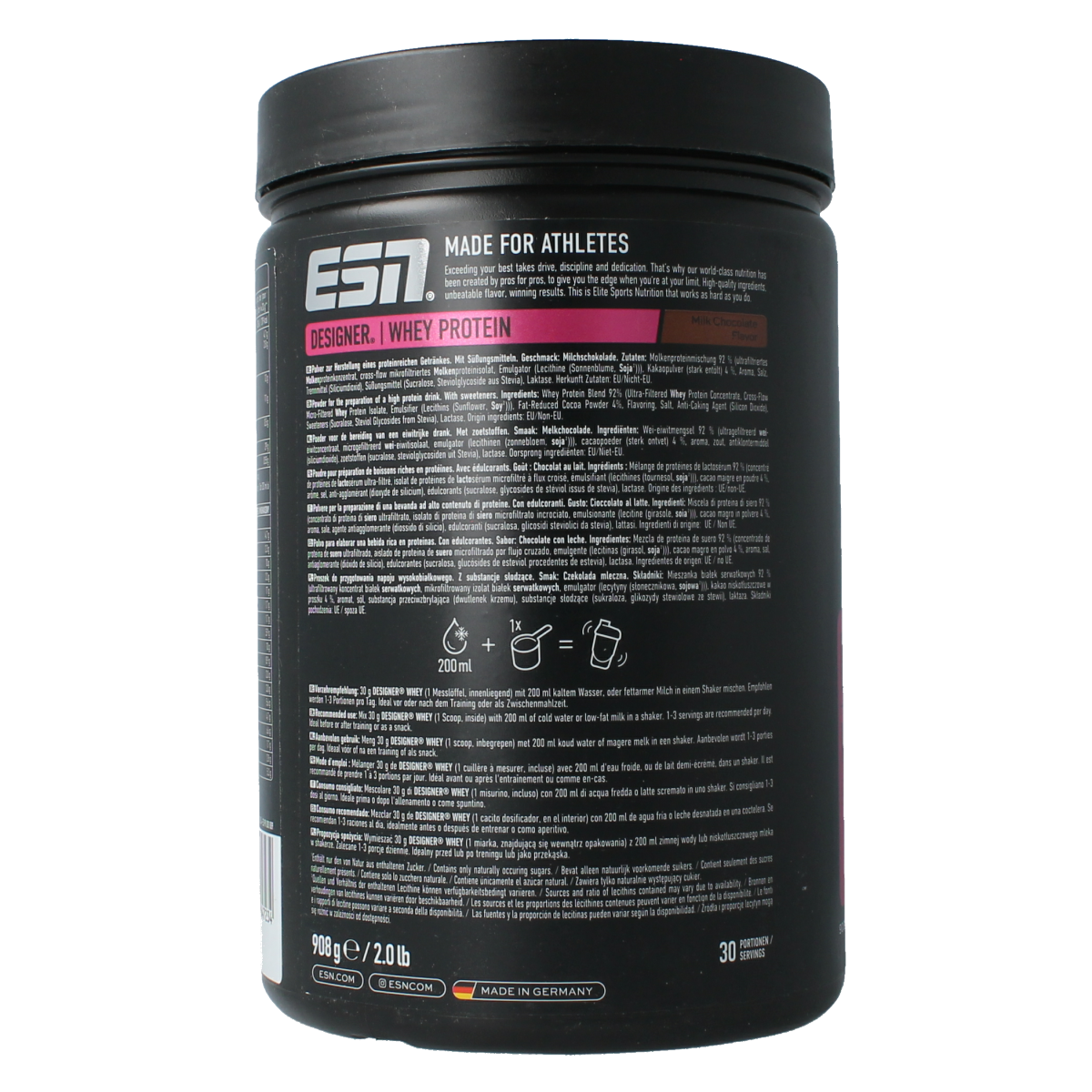 ESN Designer whey amino acids in milk chocolate flavor, 908g container, showing the supplement packaging with brand logo and product label.
