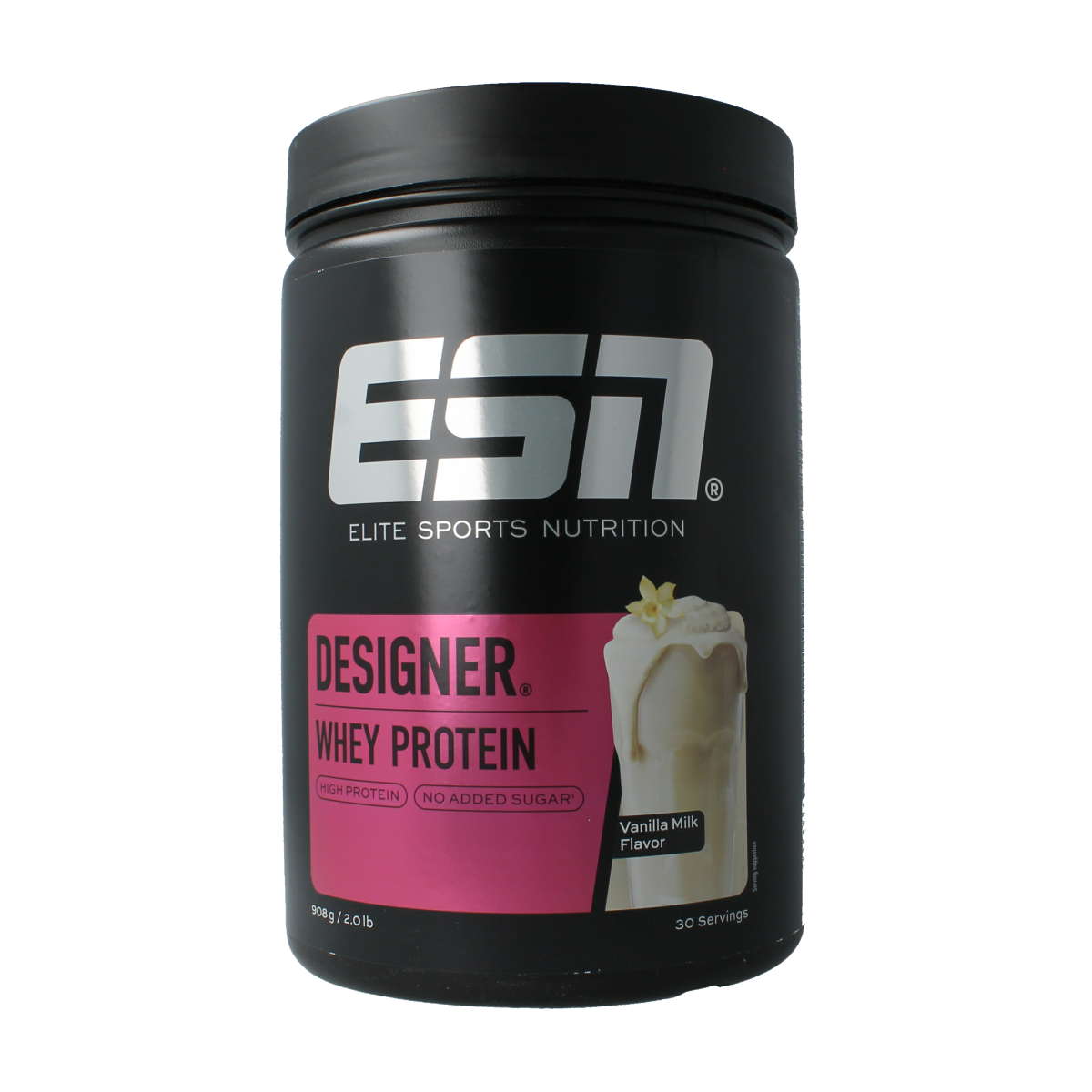 ESN Designer Whey Vanilla Milk amino acid supplement in 908g container, featuring vanilla flavor and high-quality protein.