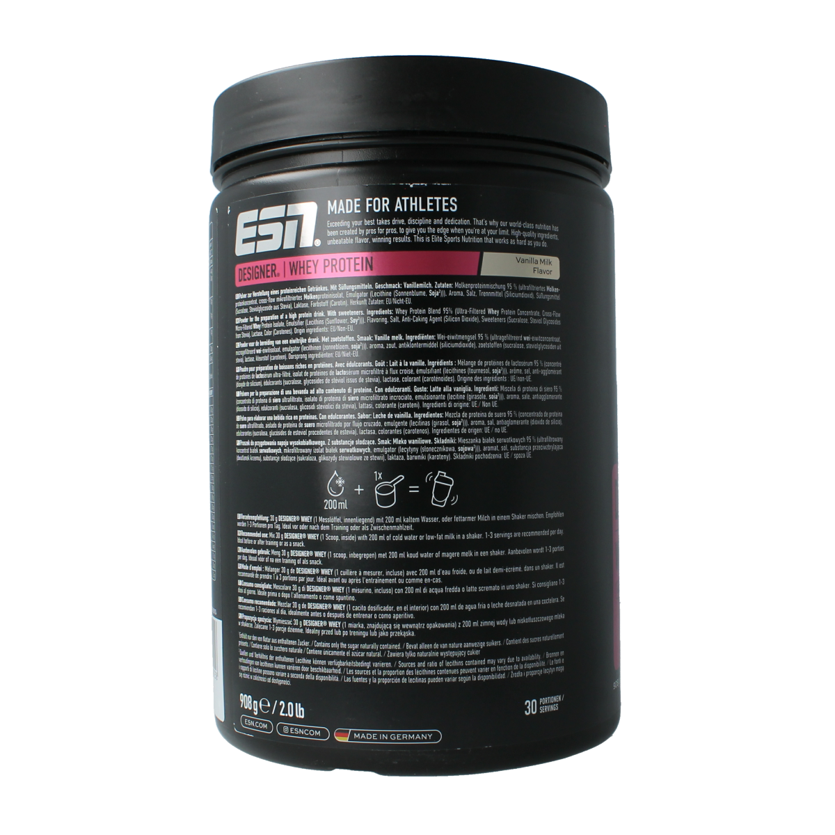 ESN Designer Whey Vanilla Milk amino acid supplement in 908g container, featuring vanilla flavor and premium quality.