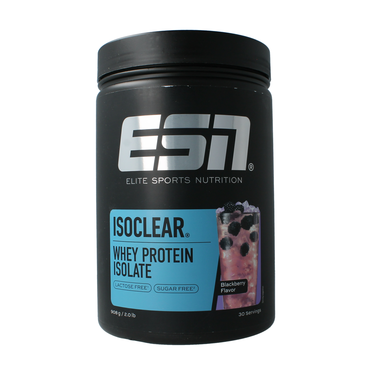 ESN Isoclear whey isolate protein powder in blackberry flavor, 908 grams, featuring amino acids for muscle recovery.