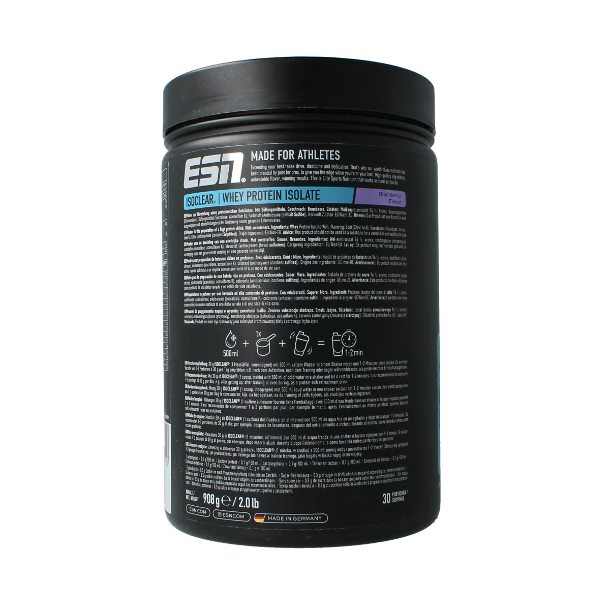 ESN Isoclear whey isolate in blackberry flavor, 908g, a protein supplement with amino acids in a clear, resealable container.