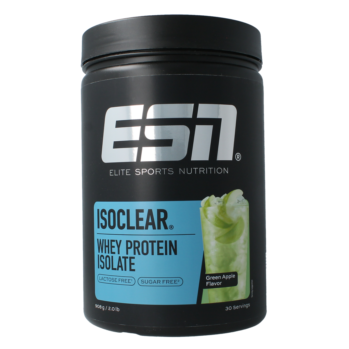 ESN Isoclear whey isolate in green apple flavor, 908 grams, sport nutrition supplement with clear, refreshing drink appearance
