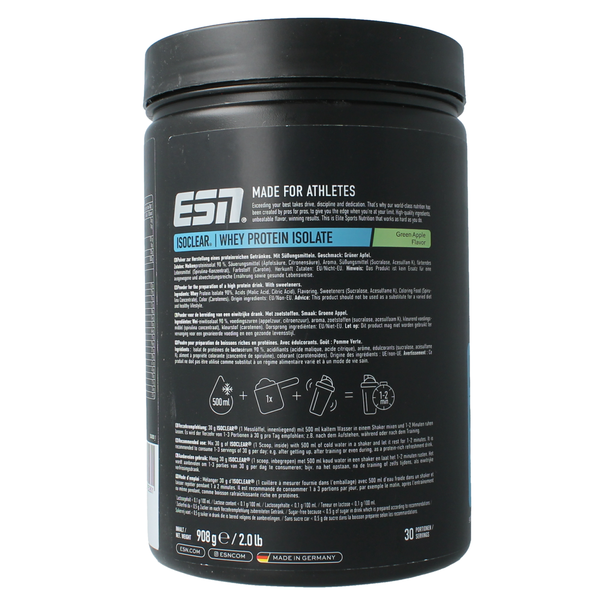 ESN Isoclear whey isolate green apple sports nutrition powder in a 908g container, shown with green apple flavor labeling.