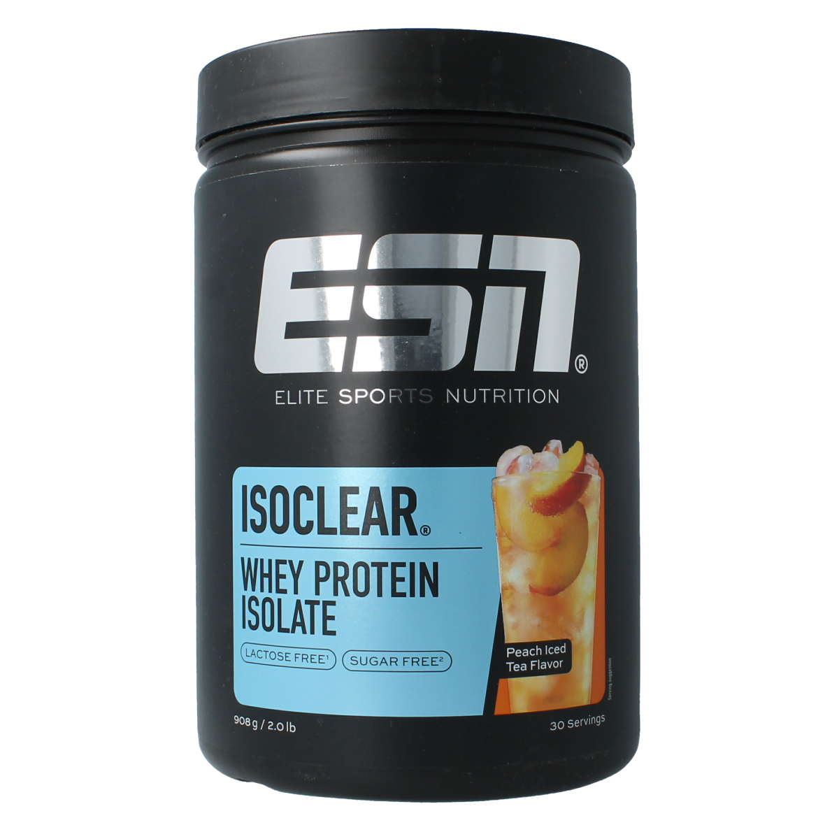 ESN Isoclear whey isolate peach ice tea flavor sports supplement in a 908g container, featuring a peach and tea flavor label.
