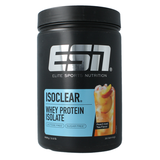 ESN Isoclear whey isolate peach ice tea flavor sports supplement in a 908g container, featuring a peach and tea flavor label.
