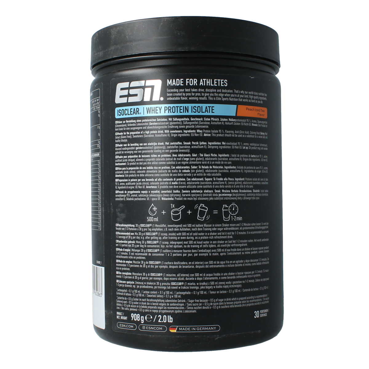 ESN Isoclear whey isolate peach ice tea flavor sports supplement in 908g container, showing the product packaging and label.