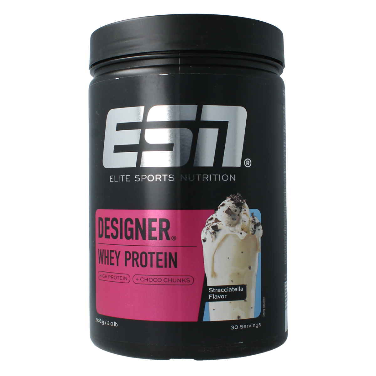 ESN Designer Whey Straciatella amino acids supplement in 908g jar, featuring creamy straciatella flavor and protein-rich formula.