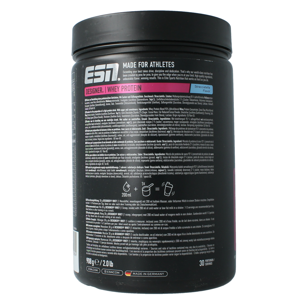 ESN Designer Whey Straciatella protein powder container, 908g, with label showing product details and branding.