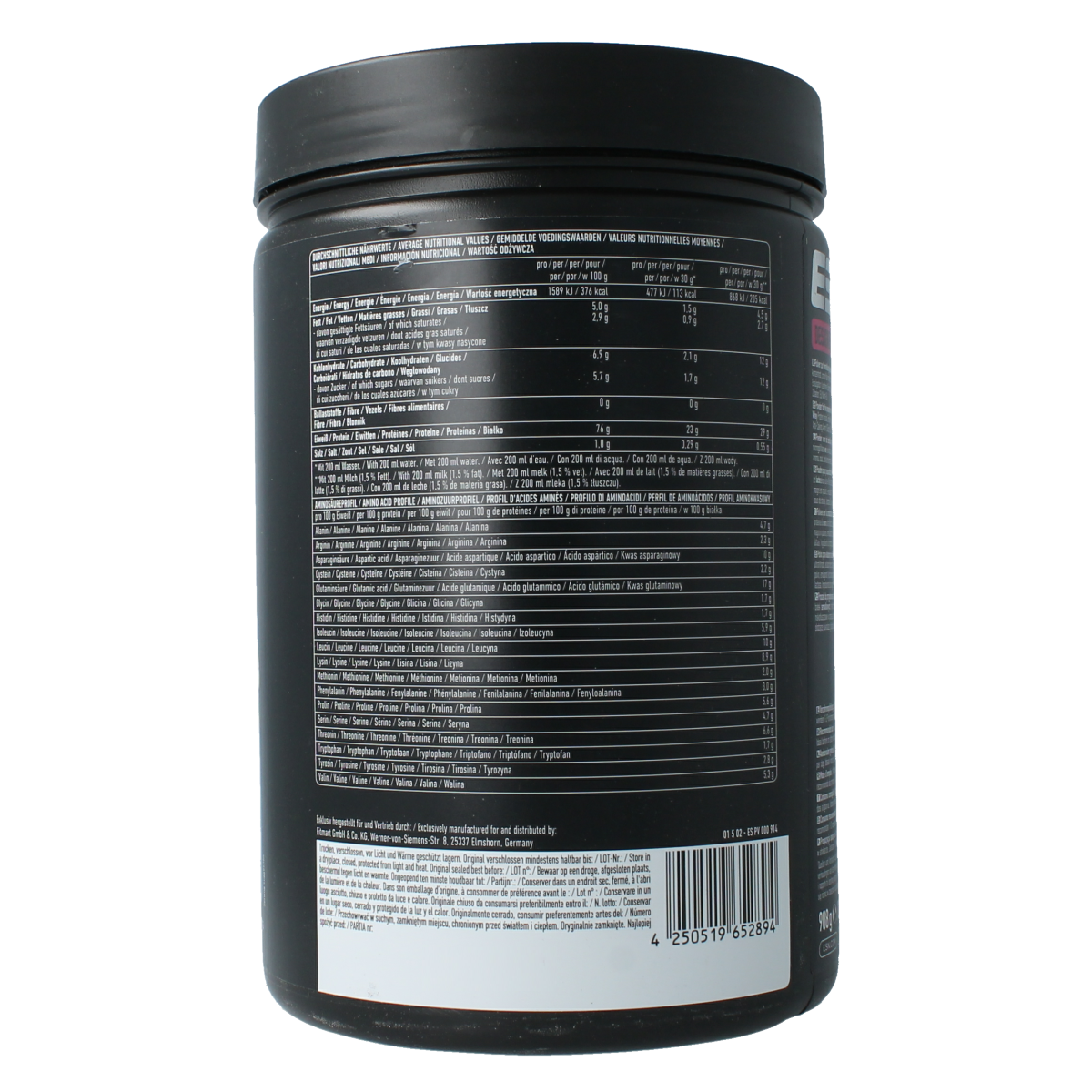 ESN Designer Whey Stracciatella protein powder container, 908g, with label showing product details and brand logo.