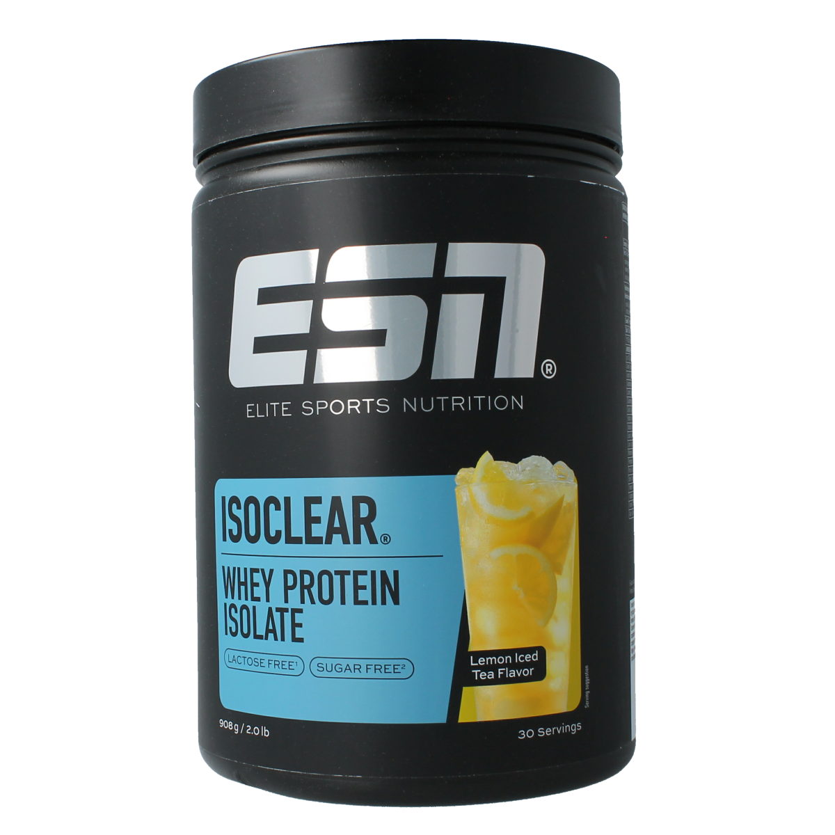 ESN Isoclear whey isolate lemon ice tea sport nutrition powder in 908g container, with lemon-flavored whey protein isolate.