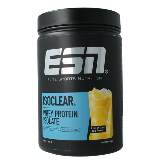 ESN Isoclear whey isolate lemon ice tea sport nutrition powder in 908g container, with lemon-flavored whey protein isolate.