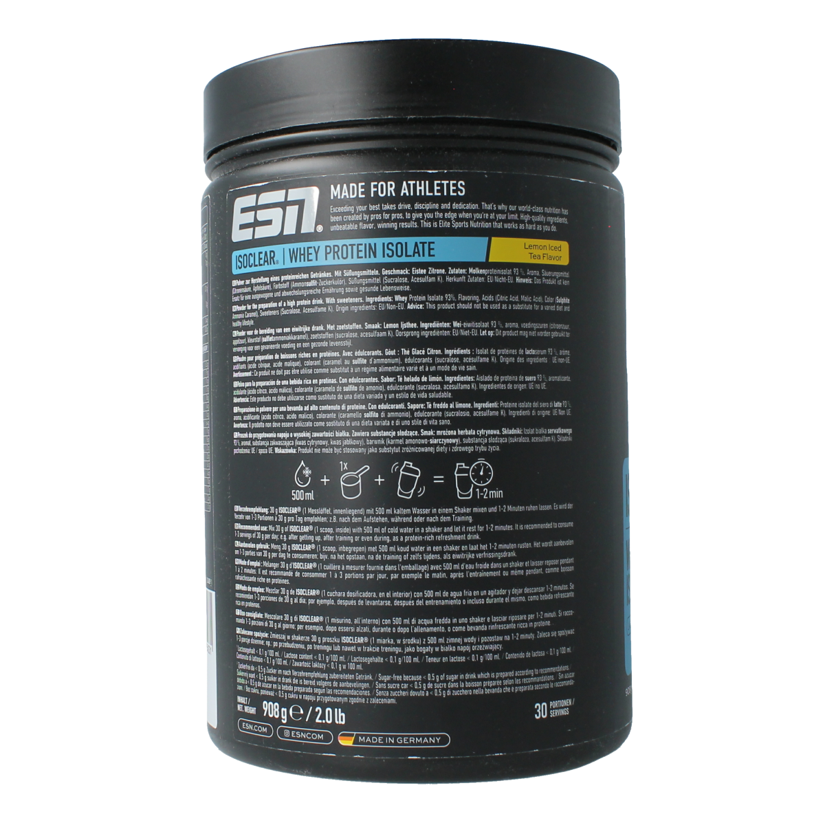 ESN Isoclear whey isolate lemon ice tea sports supplement in 908g container, showing lemon-flavored whey protein powder.