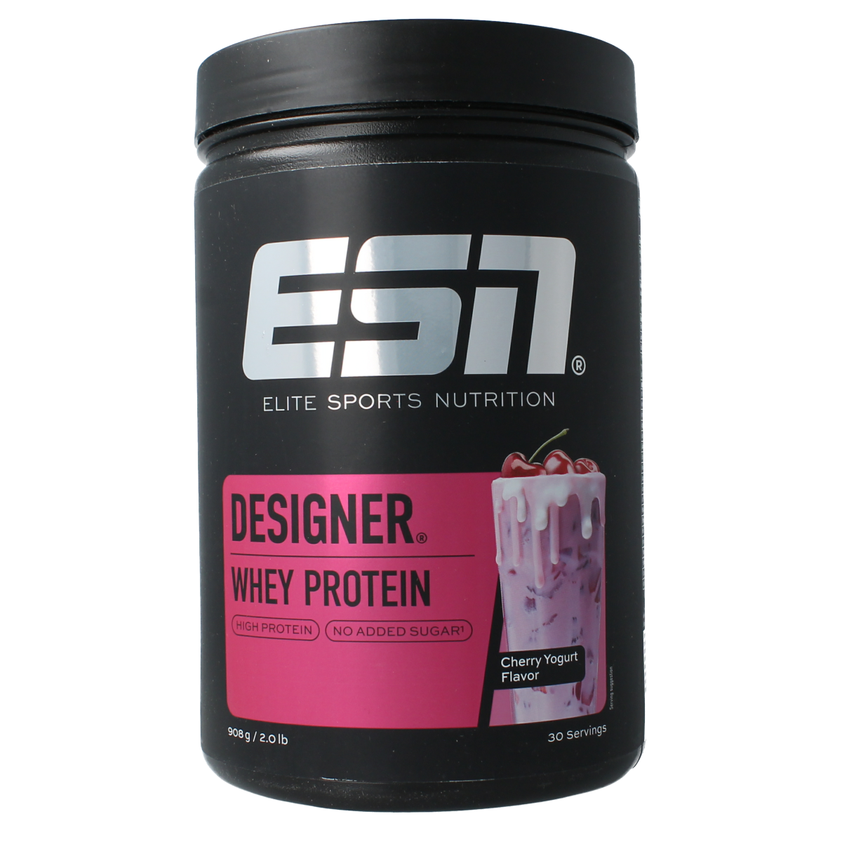 ESN Designer Whey Cherry Yoghurt amino acids supplement in 908g container, with cherry flavor and nutritional label visible.
