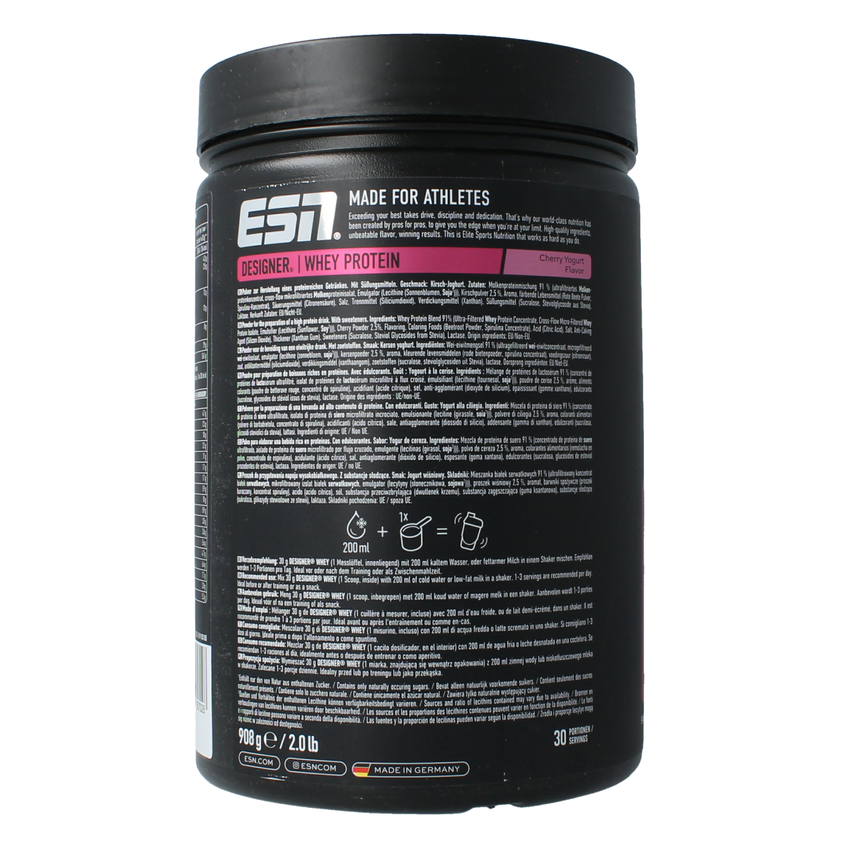 ESN Designer Whey Cherry Yoghurt amino acids supplement in a 908g container, featuring cherry yogurt flavor and protein blend.