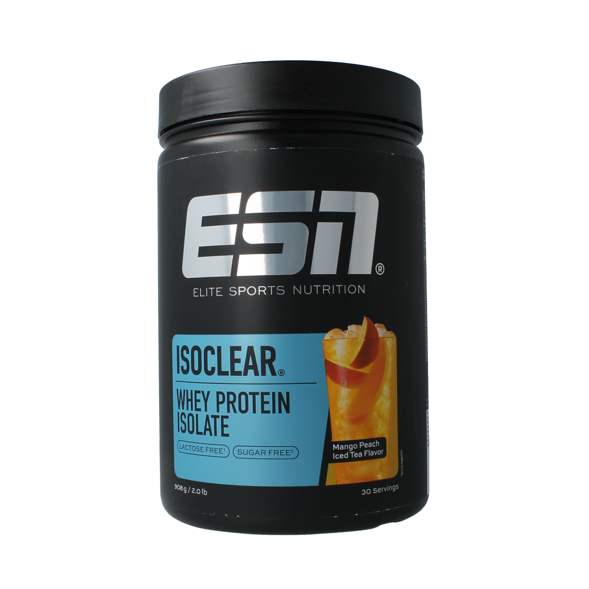 ESN Isoclear whey isolate mango peach ice tea sport nutrition powder in 908g container, showing the product packaging.