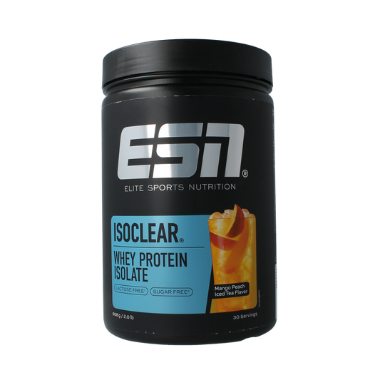 ESN Isoclear whey isolate mango peach ice tea sport nutrition powder in 908g container, showing the product packaging.