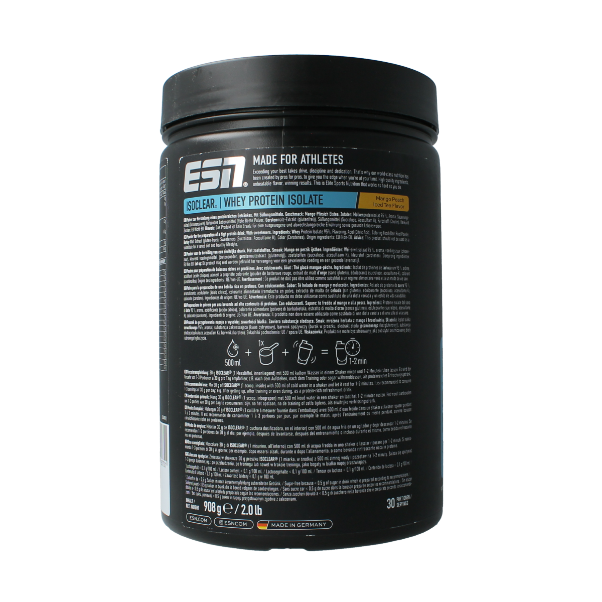 ESN Isoclear whey isolate mango peach ice tea flavor in 908g container, sports nutrition supplement with powder visible in the image.