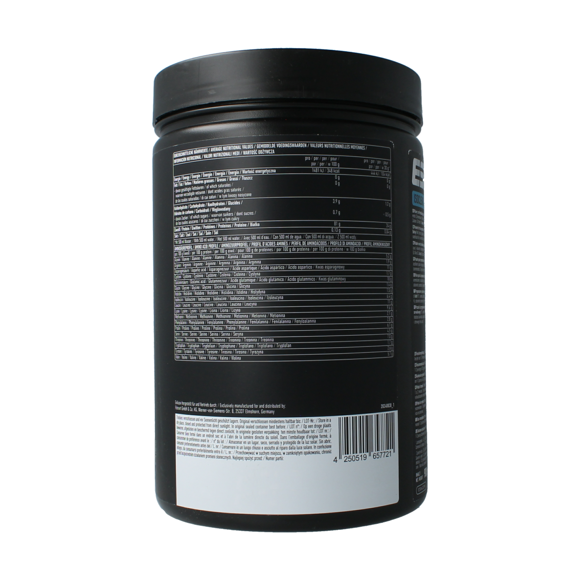 ESN Isoclear whey isolate mango peach ice tea flavor, 908g sports supplement in a resealable container with a scoop.