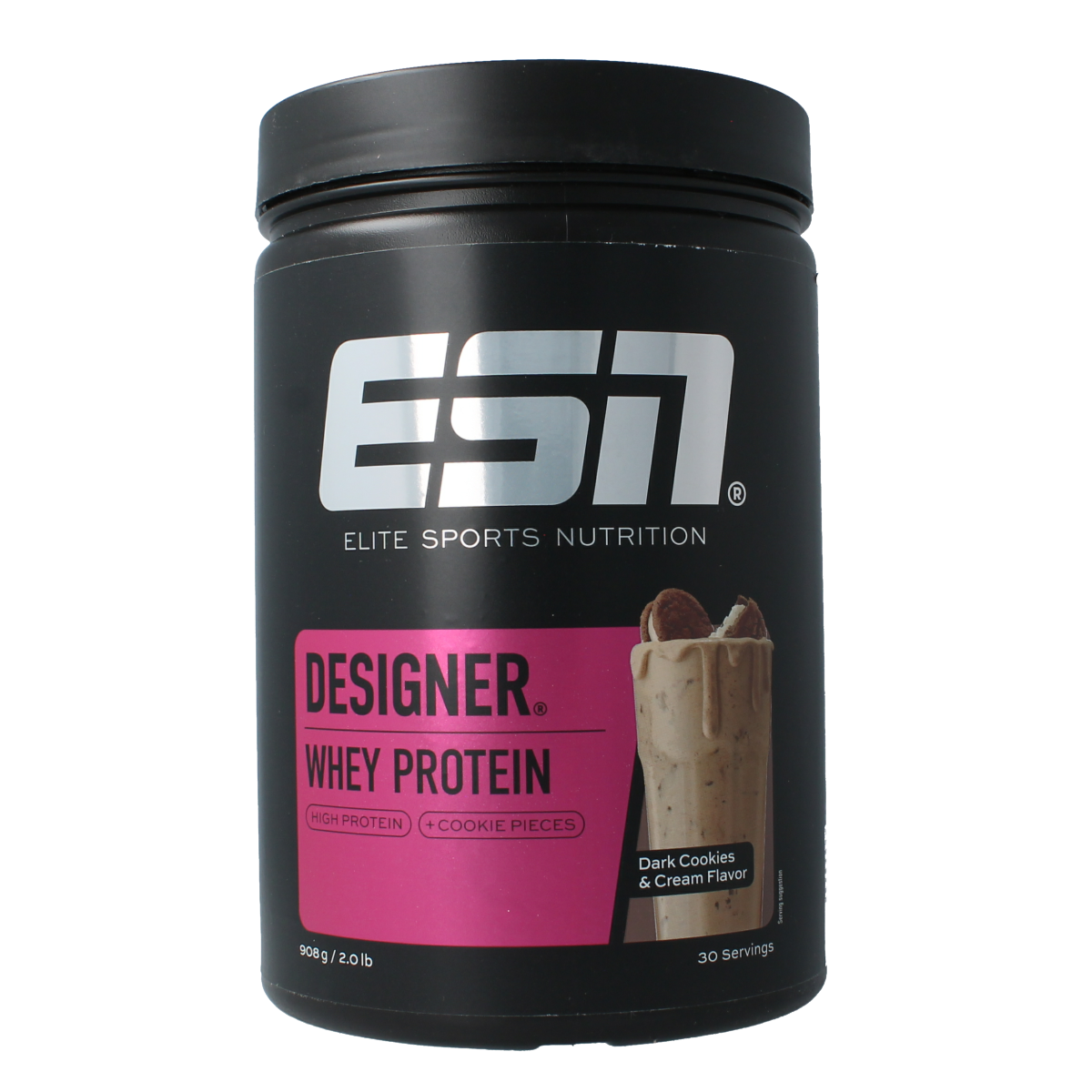 ESN Designer Whey Protein Dark Cookies & Cream flavor in 908g tub, showcasing the product container with brand logo and flavor label.