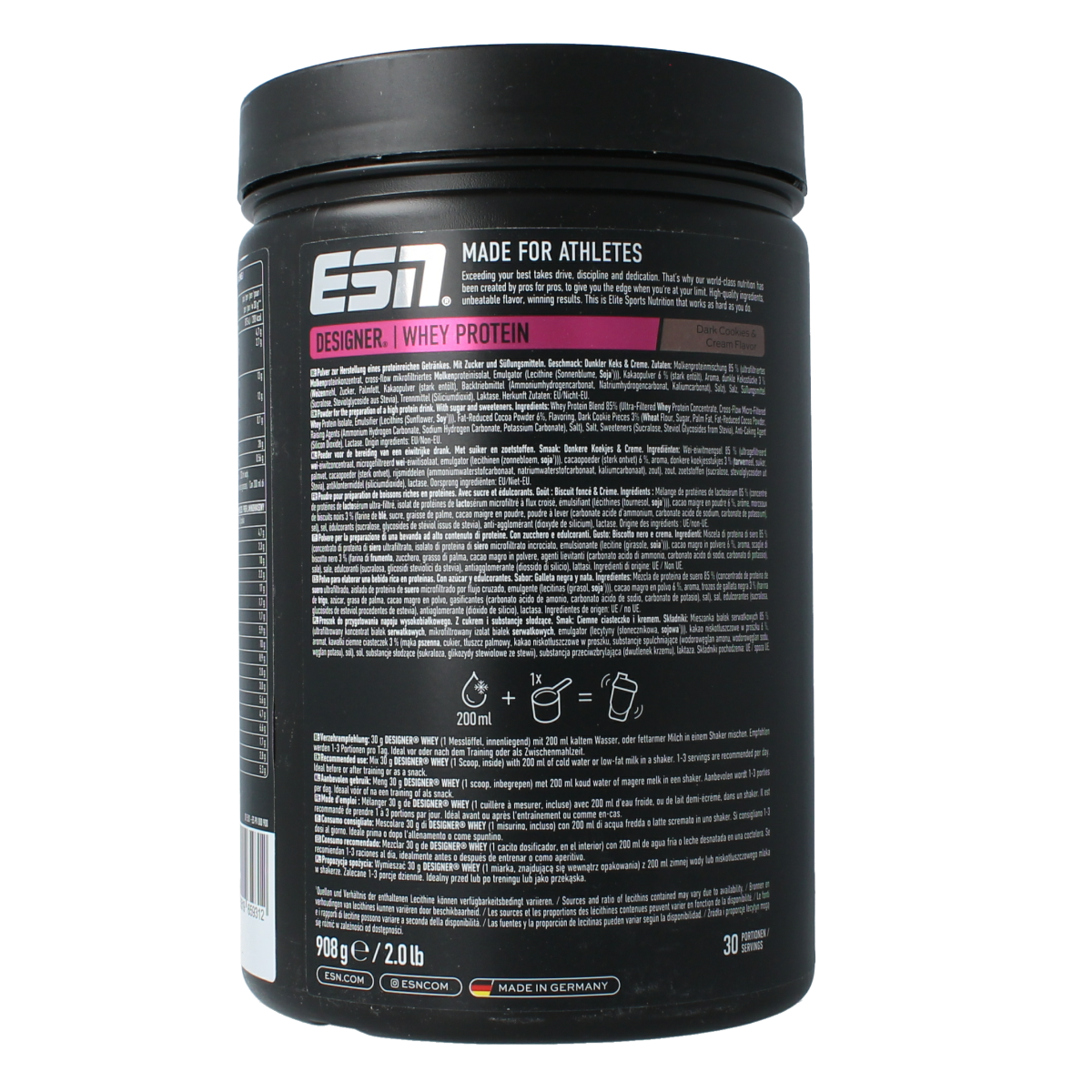 ESN Designer whey protein dark cookies & cream flavor in 908g jar, featuring amino acids and creamy cookie texture.