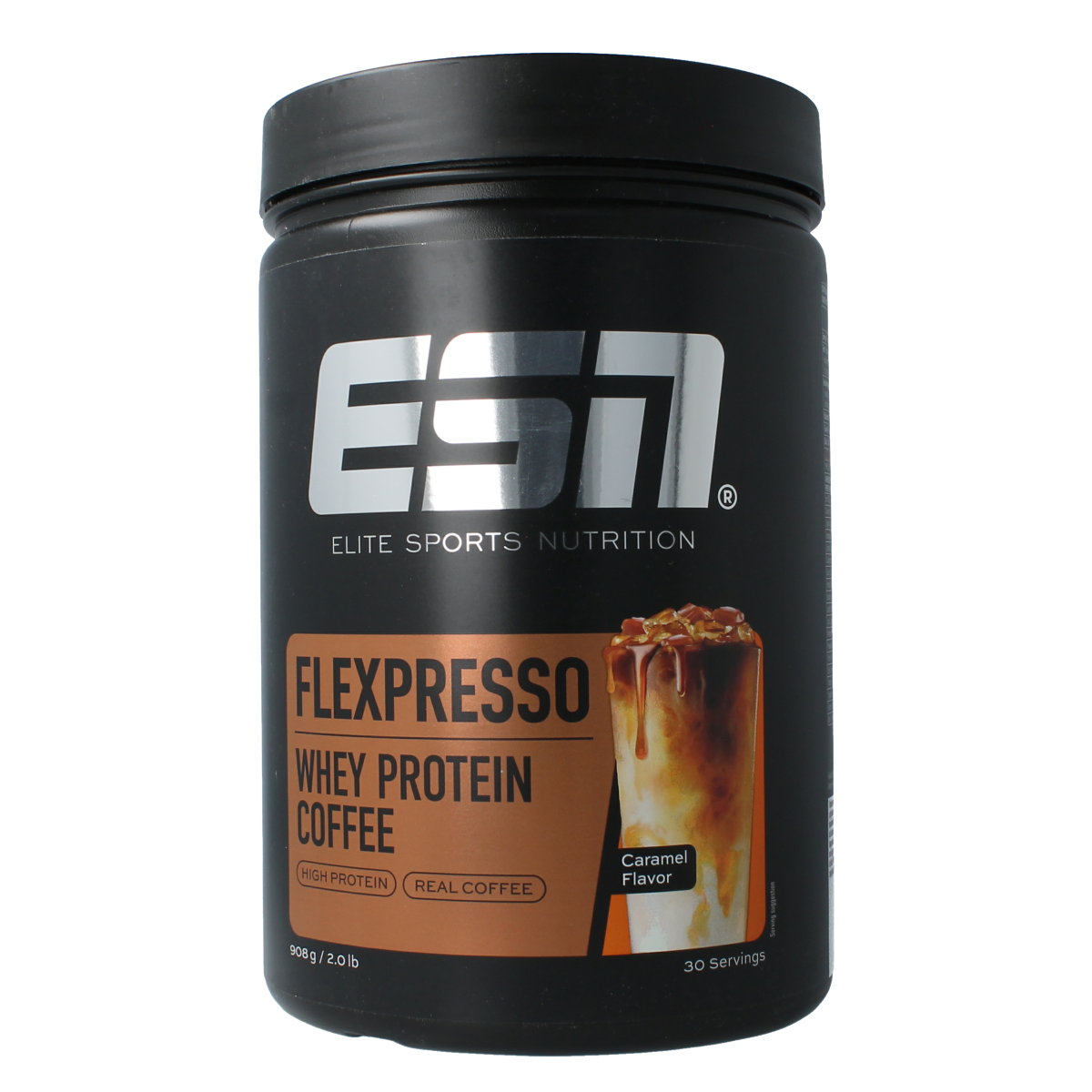 ESN Flexpresso caramel flavored protein coffee in 908g jar, showing the coffee and caramel flavor packaging.