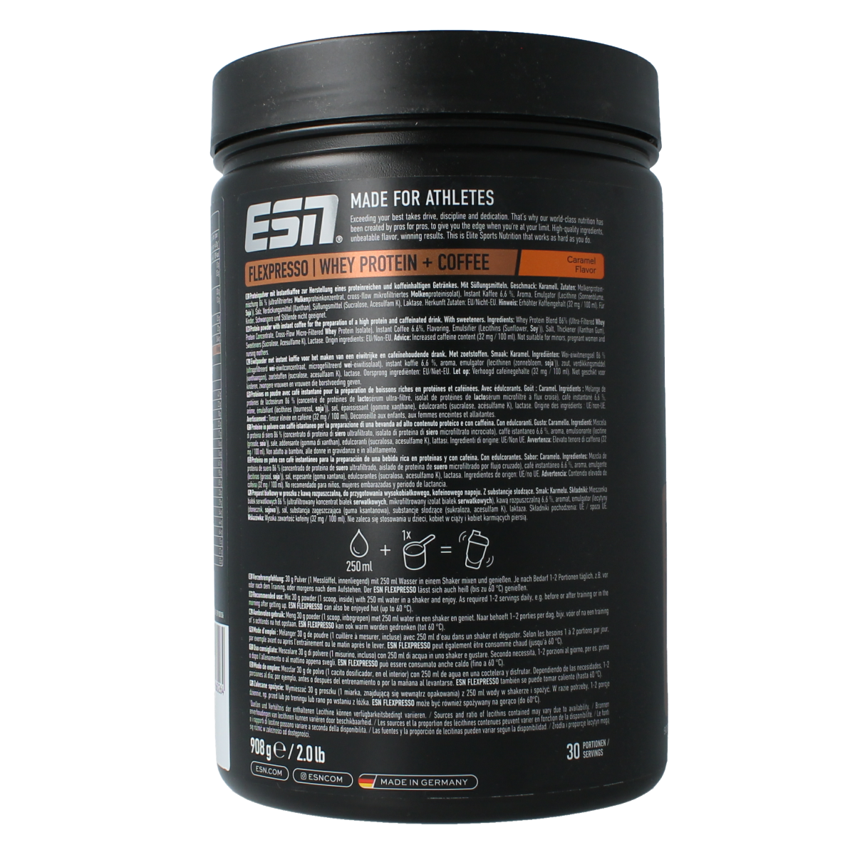 ESN Flexpresso caramel-flavored protein coffee in 908g container, showcasing the coffee and protein blend with caramel flavor.