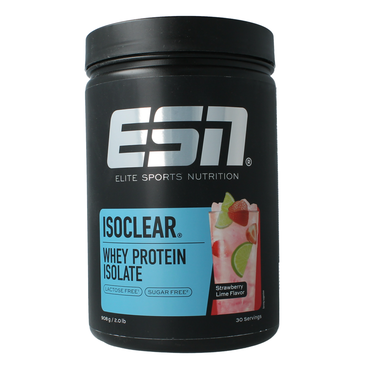ESN Isoclear whey isolate strawberry lime flavor protein powder in 908g container, sports nutrition supplement with clear, transparent packaging