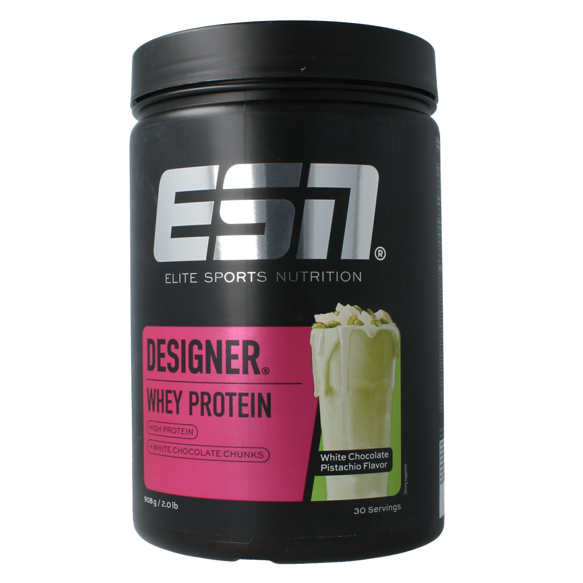 ESN Designer Whey Protein with White Chocolate Pistachio flavor in 908g container, featuring amino acids for muscle recovery.