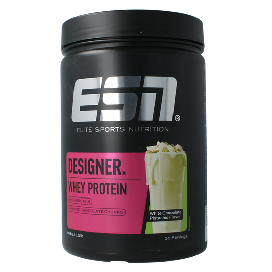 ESN Designer Whey Protein with White Chocolate Pistachio flavor in 908g container, featuring amino acids for muscle recovery.