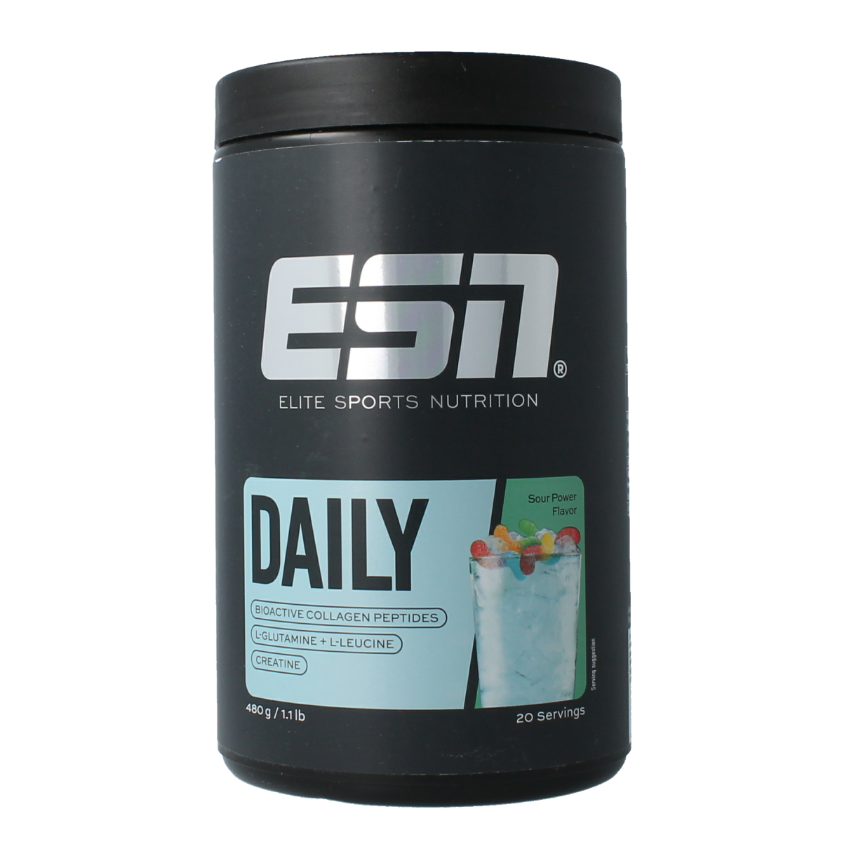 ESN Daily Sour Power amino acids supplement container with 480g of ESN aminoznuren powder for fitness and health.