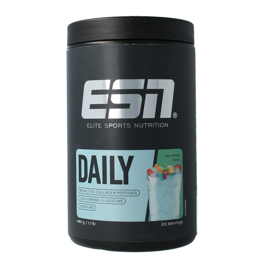 ESN Daily Sour Power amino acids supplement container with 480g of ESN aminoznuren powder for fitness and health.