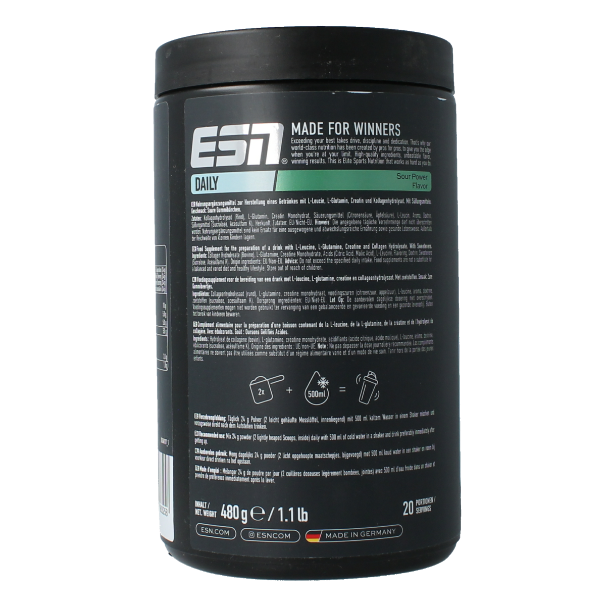 ESN Daily Sour Power amino acids supplement in 480g container, showing the product label and packaging.