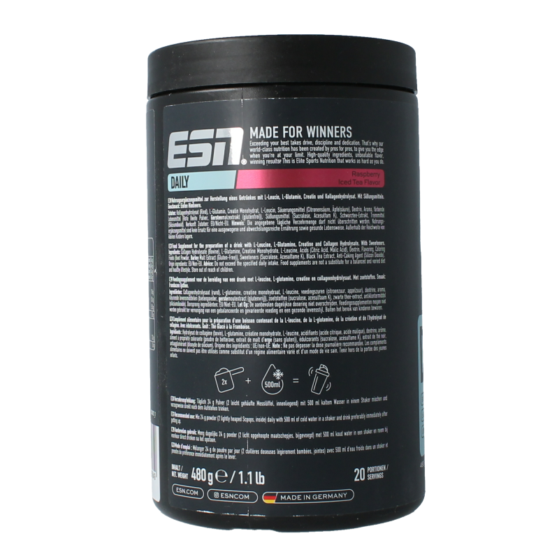 ESN Daily Raspberry Ice Tea amino acids supplement, 480 grams, featuring a raspberry flavor and vibrant product packaging.