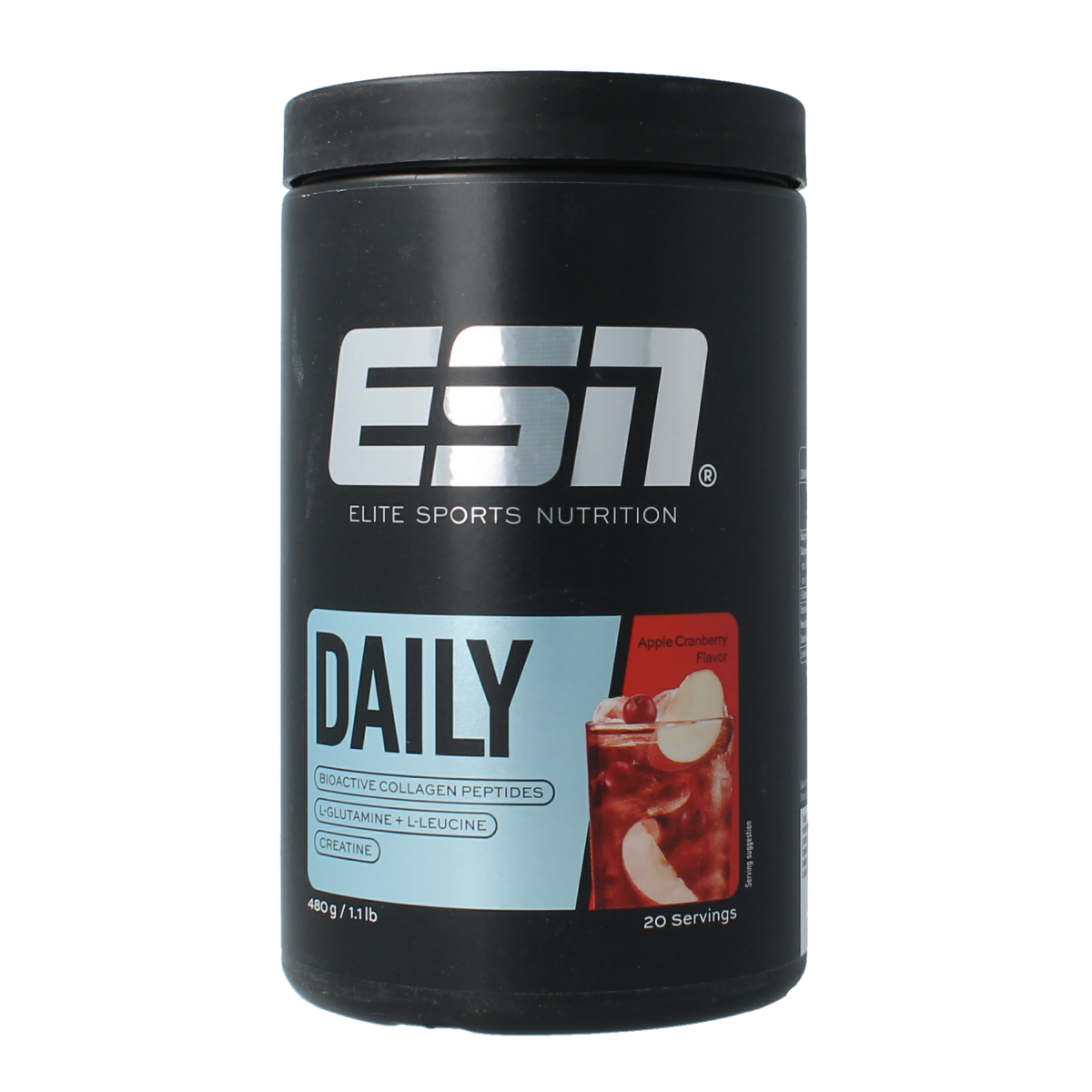 ESN Daily Apple Cranberry AminoZuren supplement in 480g container, with apple and cranberry flavor and label details.