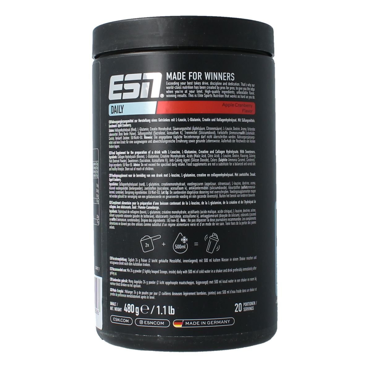 ESN Daily Apple Cranberry amino acids supplement in 480g container, featuring fresh apple and cranberry flavor.