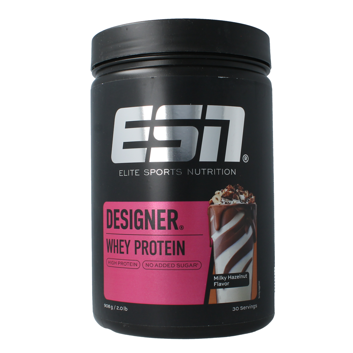 ESN Designer Whey Milky Hazelnut amino acids supplement in 908g container, featuring hazelnut flavor and essential amino acids.