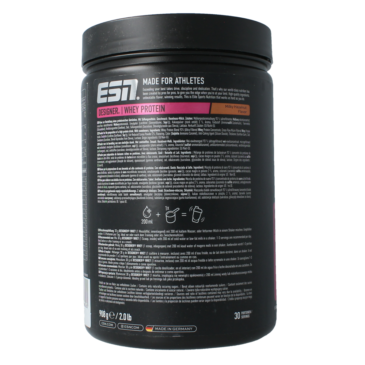 ESN Designer whey milky hazelnut amino acids supplement in a 908g container, featuring a hazelnut-flavored protein powder.