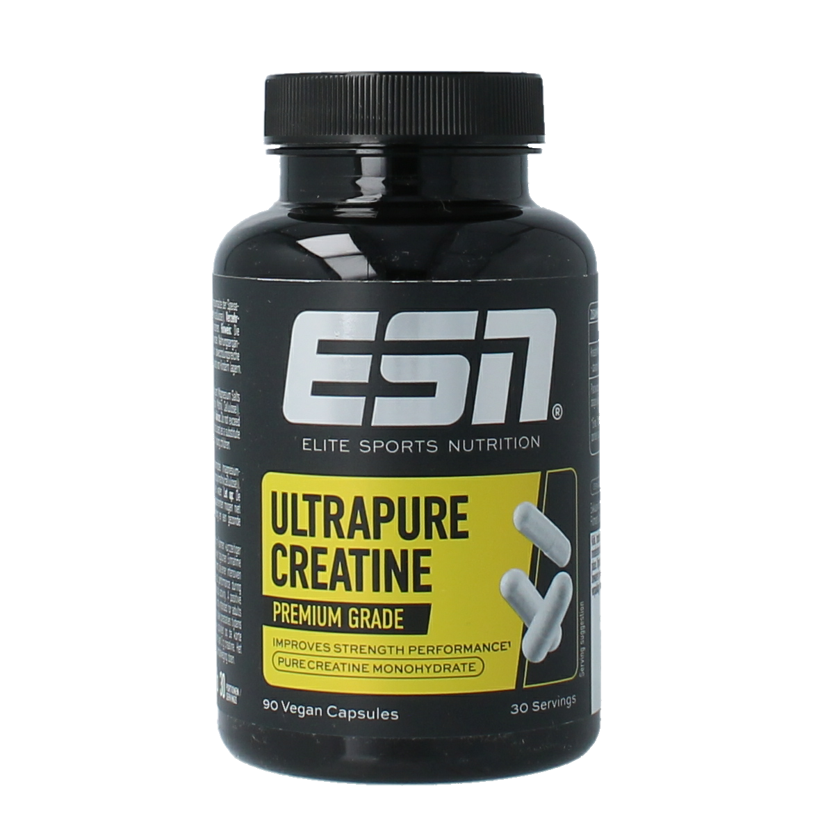 ESN Ultrapure Creatine Monohydrate capsules, 90 count, dietary supplement for muscle support, shown in a clear bottle with capsules inside.