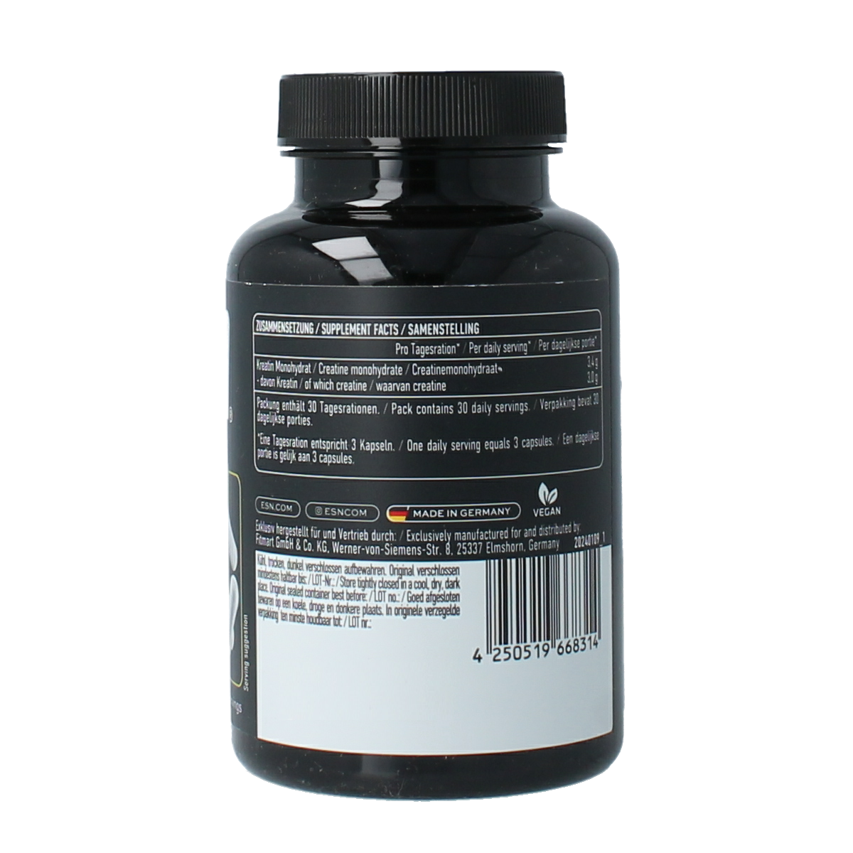 ESN Ultrapure Creatine Monohydrate capsules, dietary supplement for muscle support, shown in blister pack.