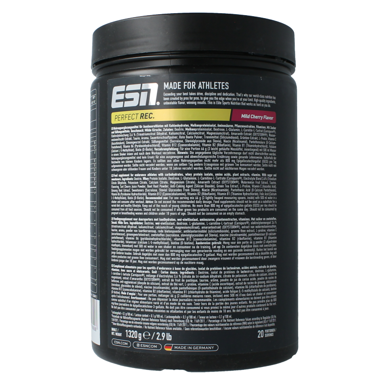 ESN Perfect Rec Mild Cherry amino acid supplement in 1320g container, featuring cherry flavor and aminozuren product label.