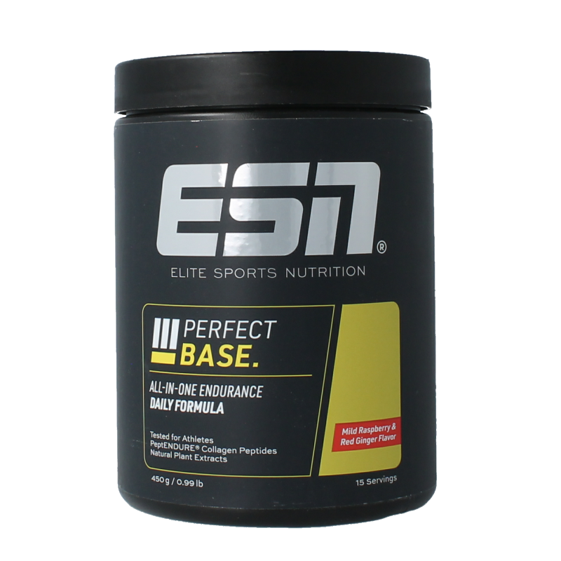 ESN Perfect Base Mild Raspberry Red Ginger amino acids supplement in 450g container, featuring raspberry and ginger flavor.