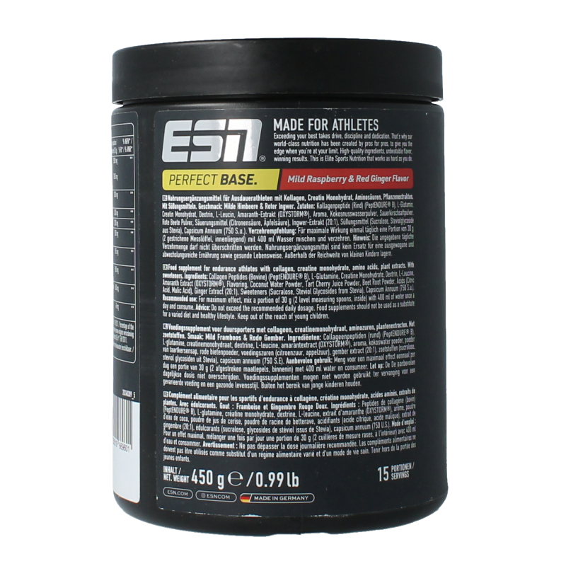 ESN Perfect Base Mild Raspberry Red Ginger amino acids supplement in 450g container with raspberry and ginger flavor